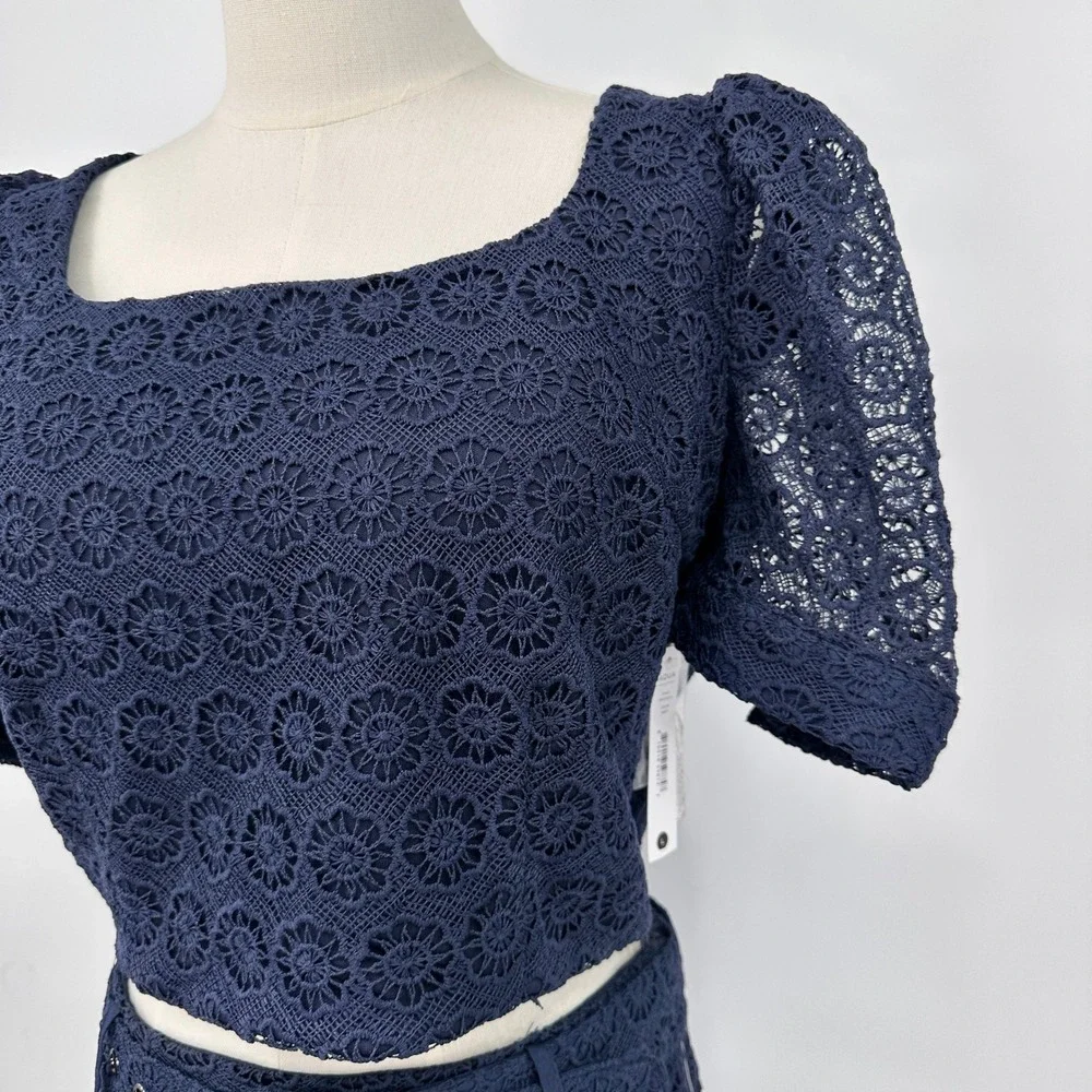 Aqua Navy Crochet Lace Matching Set Large Puff Sleeve Crop Top Belted Skirt 2 pc